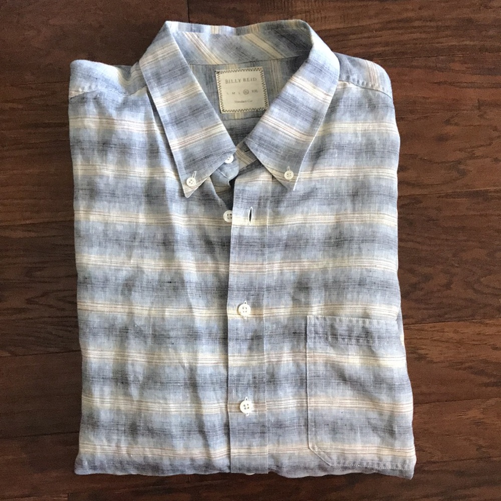 Billy Reid | Linen striped long sleeve button up shirt with single pocket xl